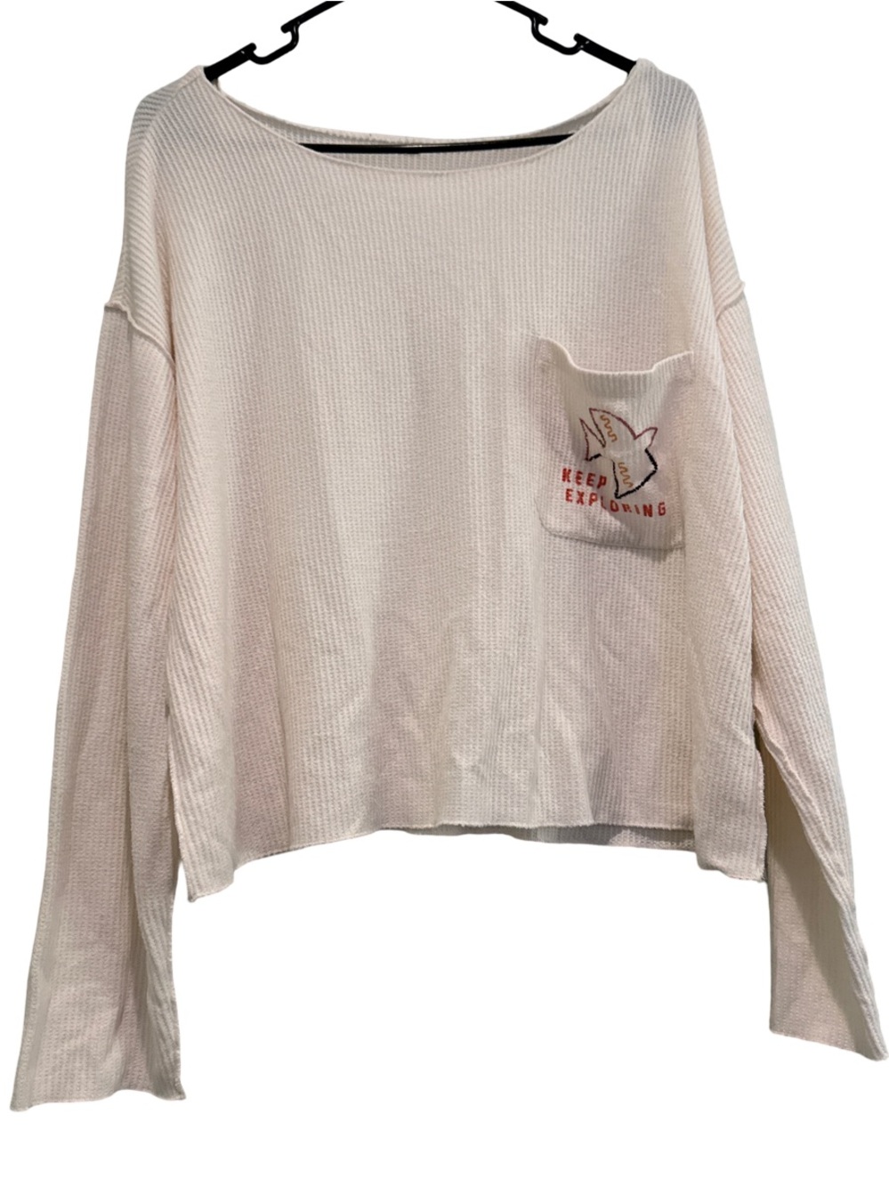 Women’s L Ivory Waffle Knit Keep Exploring Bird Pocket Oversized Top